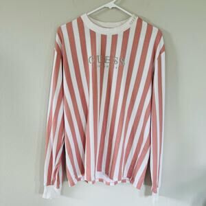 GUESS Pink White Striped Embroidered Logo Long Sleeve Shirt (M)